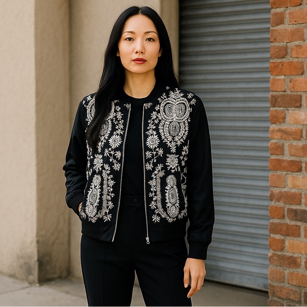 Society Girl Embroidered Mesh Chiffon Full Zip Front Bomber‎ Jacket Lace Boho